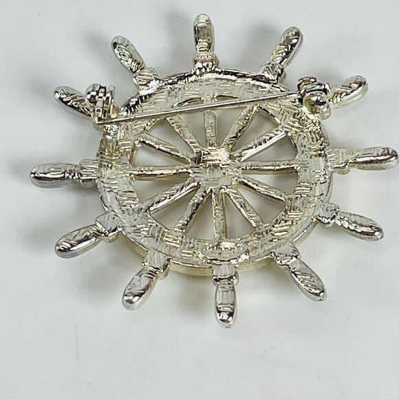 VTG Danecraft Enamel Ships Wheel Brooch Pin White Silver Tone Nautical 2" Signed - Picture 3 of 4